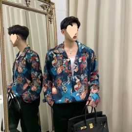 法式巴黎风情酒瓶衬衫男小众设计师衬风复古薄款碎花长袖外套