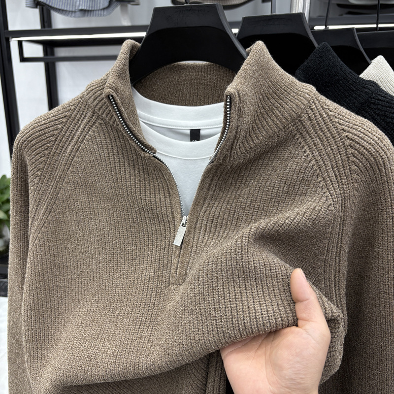 Men's Half-Zip Stand-Up Collar Pullover Sweater Autumn and Winter New Style Solid Color Versatile Loose Casual Warm Knitted Base Layer Sweater