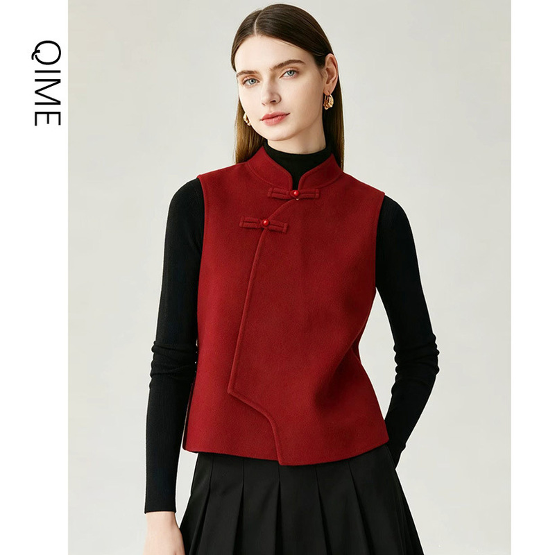 Elegant Chinese-Style Double-Sided Wool Vest for Women, New Chinese-Style Jacket for Women, Autumn and Winter New Model, Women's Stand-Up Collar Vest with Button Closure