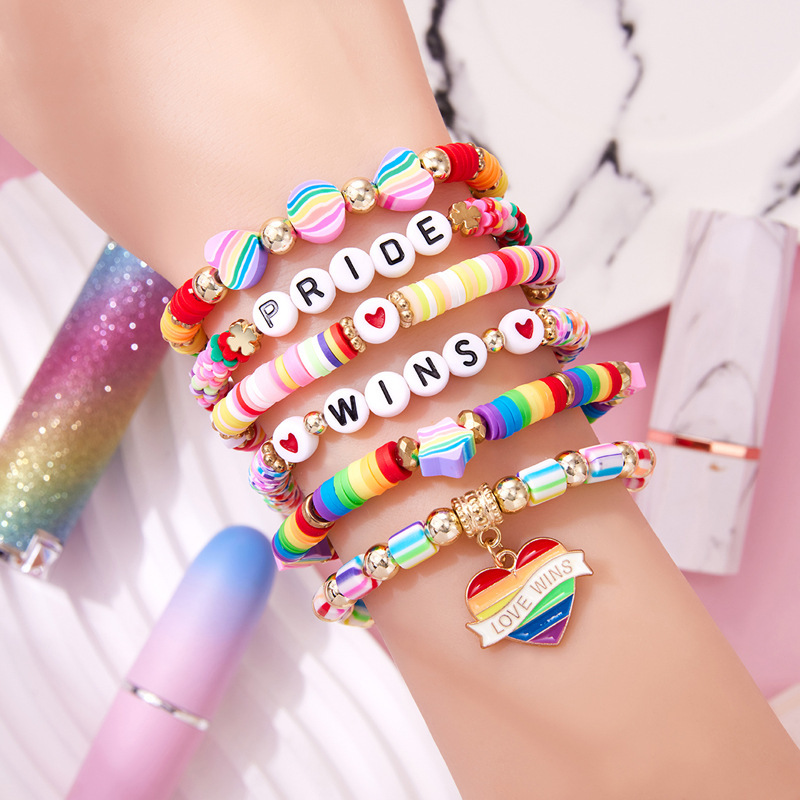 Pride-Themed Bracelet Set, Cross-Border Best-Selling Model, Colorful Heart Pendant, Flower Letter Bracelet, 6-Piece Set