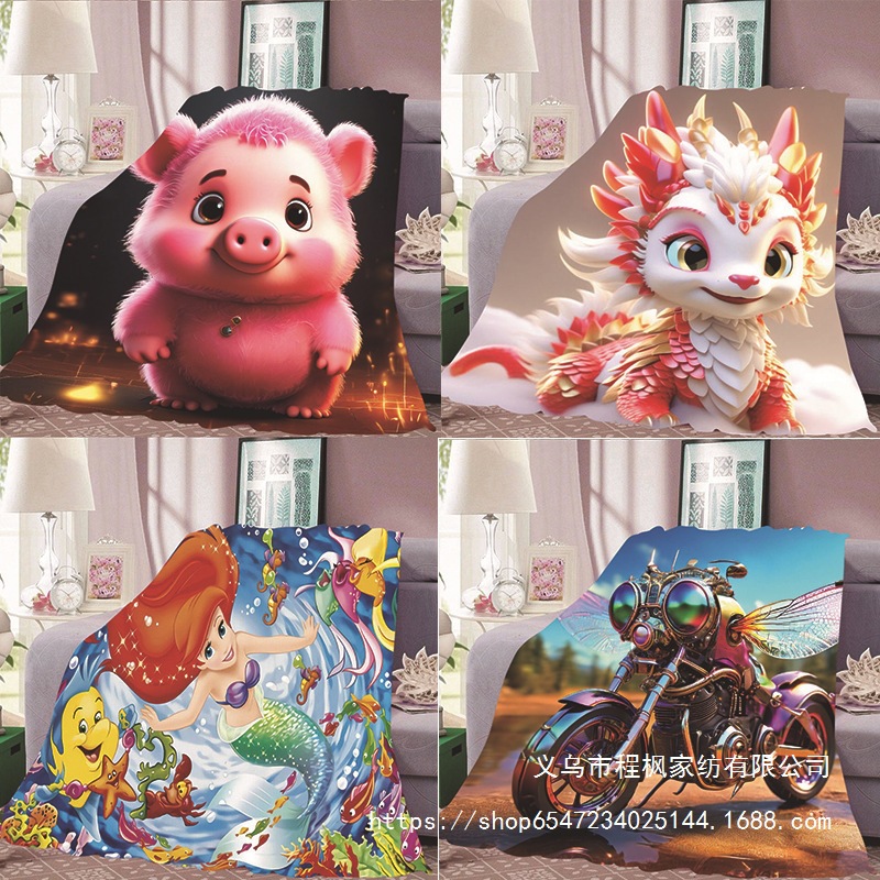 亚马逊法兰绒毛毯单面数码印花办公室午睡空调加厚毯子一件超柔软