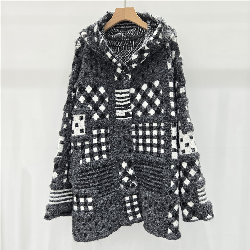 Productos europeos 2025, otoño y invierno, nuevo estilo de alta calidad, jersey jacquard de punto, suéter con capuz suelto y delgado.
