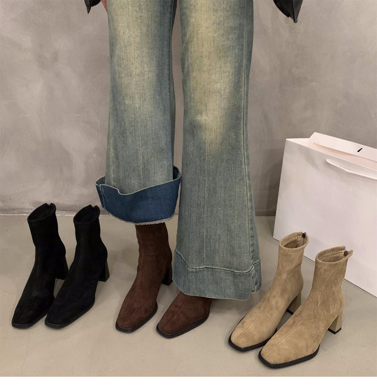 Suede Ankle Boots For Women Square Toe Slim Korean Style Footwear_voghion.com