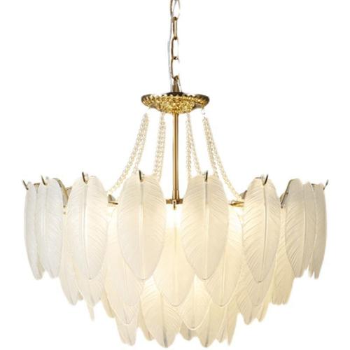 French-style vintage feather and crystal chandelier: Full-spectrum, eye-friendly American mid-century pearl pendant light for bedrooms, living rooms, and studies