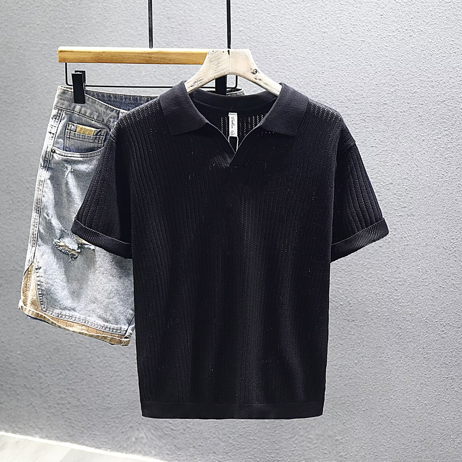 Camisas de polo de manga corta de estilo antiguo, camisetas de punto de cuello en V de hombre, camisetas de textura hueca de gaviota, fábrica de verano al por mayor.