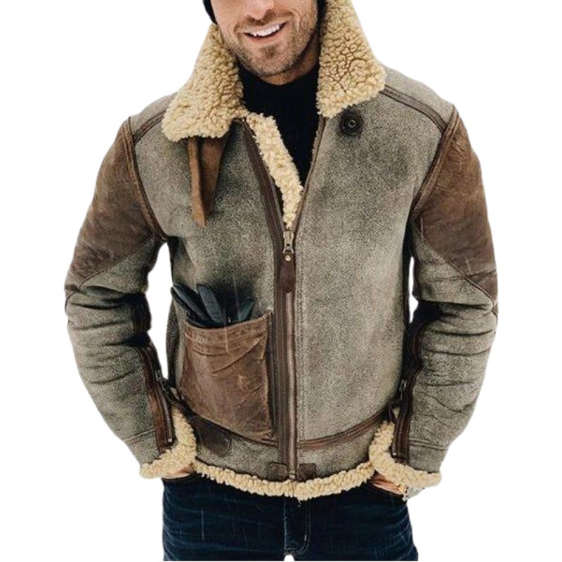 En stock al por mayor capa de cuero de imitación de los hombres estación europea invierno chaqueta caliente engrosada gran solapa contraste de color de seis colores de siete tamaños