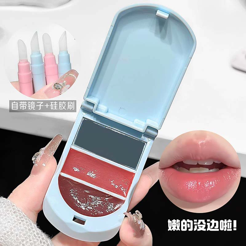 Solid Lip Gloss (CAPPUVINI) Cute Flip Case, Dual-Color + Mirror, Moisturizing Long-Lasting Shine
