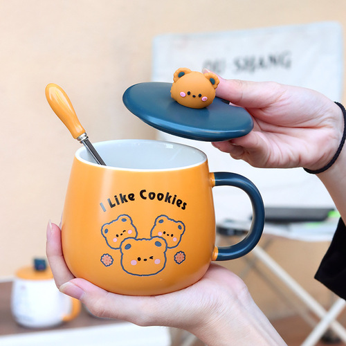 Cartoon ceramic mug with lid, breakfast cup, household milk cup, cute couple water cup, high-looking drinking cup