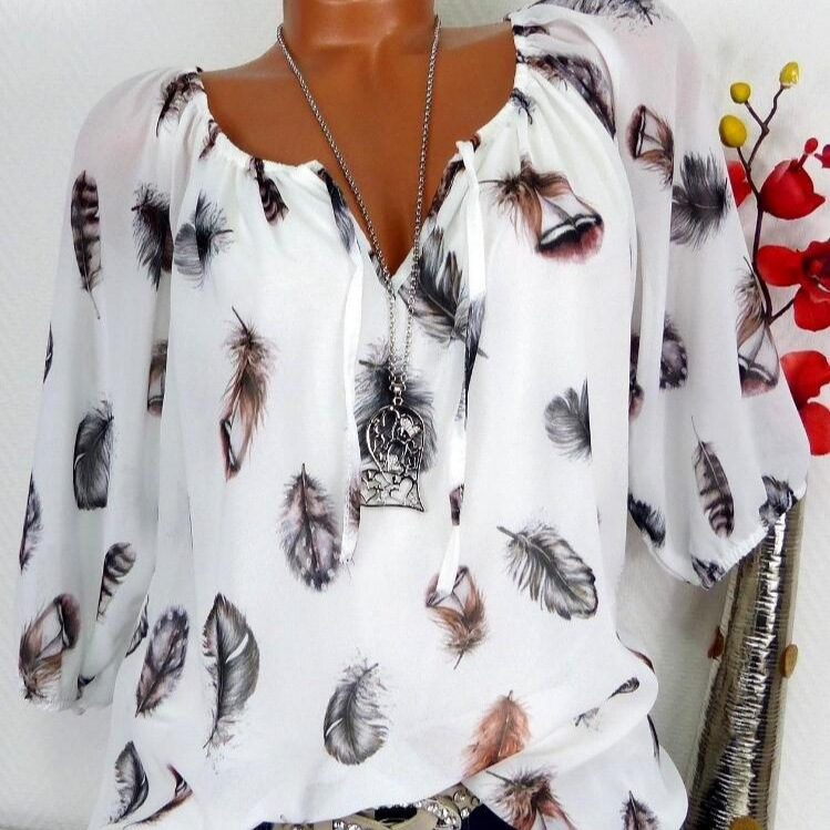 아마존 이베이 폭발 느슨한 깃털 프린트 V-넥 반 소매 셔츠 쉬폰 셔츠