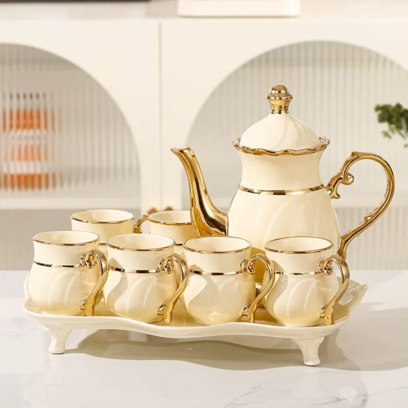High-end ceramic tea set for living room for home use, tea cup, teapot, European style, light luxury style