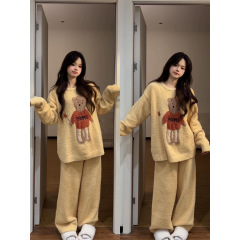 可爱小熊针织半边绒睡衣女款2025秋冬季新款加厚保暖家居服两件套