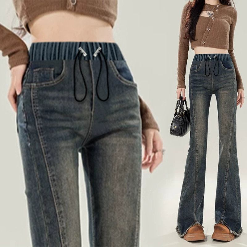 Elastic flared trousers, jeans with belly support, new collection, drawstring