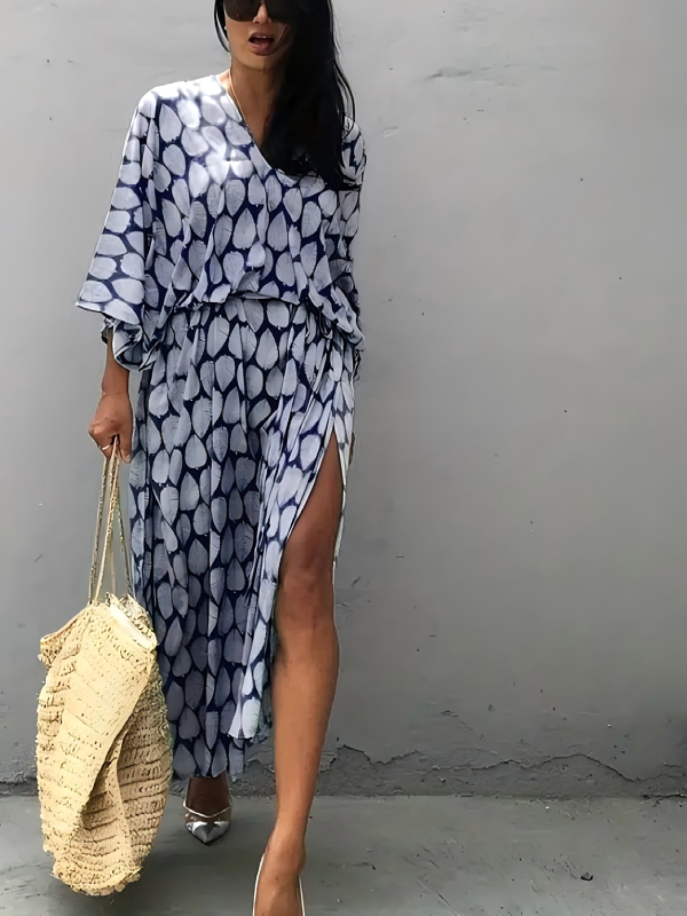 Hojas transfronterizas impresión camisa de playa vestido de vacaciones de playa vestido de manga de murciélago bikini exterior M0007