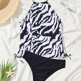 2024款欧美外贸亚马逊印花侧抽绳挂脖露背性感分体比基尼泳装批发