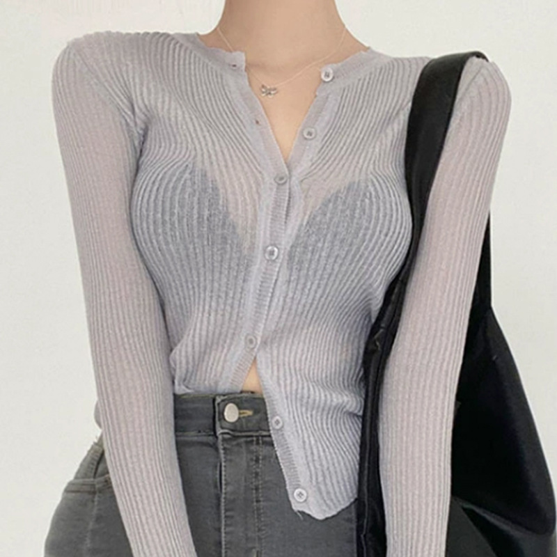 South Korea's Dongdaemun Slim Fit Sexy Versatile Slightly Translucent Sunscreen Thin Sweater Long Sleeve Hot Girl Top Women's Clothing