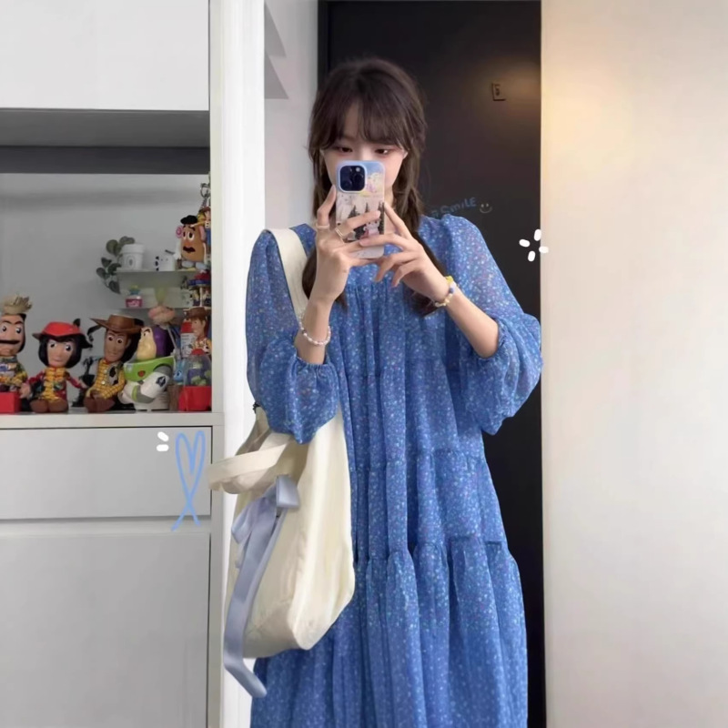 Plus Size 150kg Artistic Blue Floral Dress for Women, New Spring and Autumn Style, Loose Fit, Slimming Babydoll Dress Plus Size 150kg Artistic Blue Floral Dress for Women, New Spring and Autumn Style, Loose Fit, Slimming Babydoll Dress
