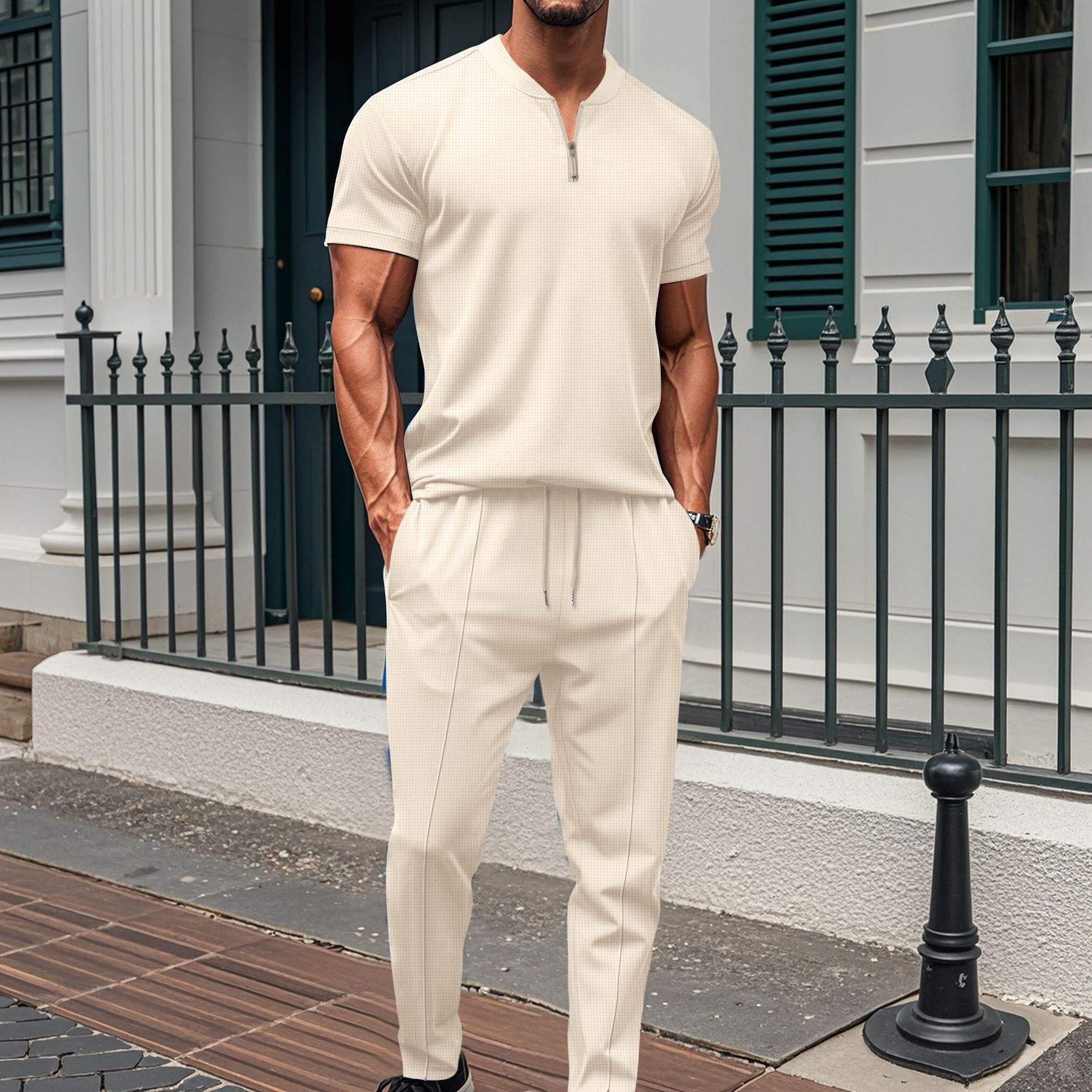 2025 Summer Cross-Border Men's European and American New Waffle Stand Collar Small Zipper Solid Color Men's Short-Sleeve Long Pants Set