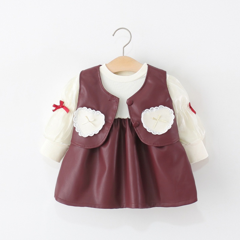 童装2025新款女童裙套装春秋季儿童女宝宝PU皮马甲公主裙子两件套