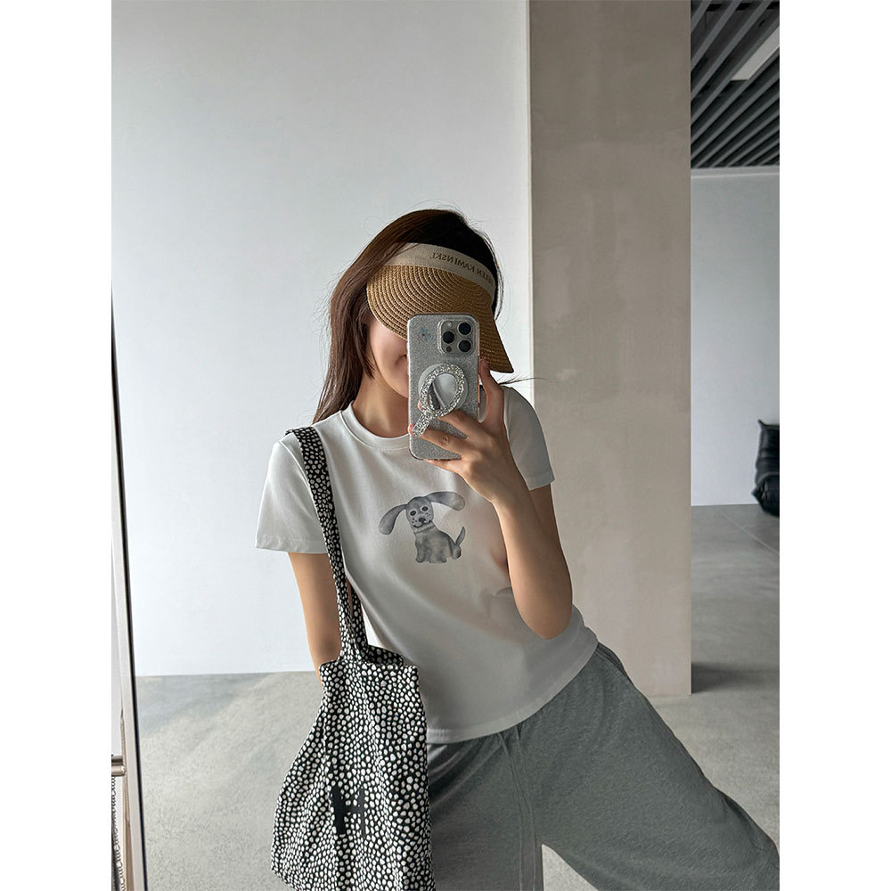 【王琪芝】小狗印花正肩圆领短款T恤春夏百搭小个子短袖上衣WQ249