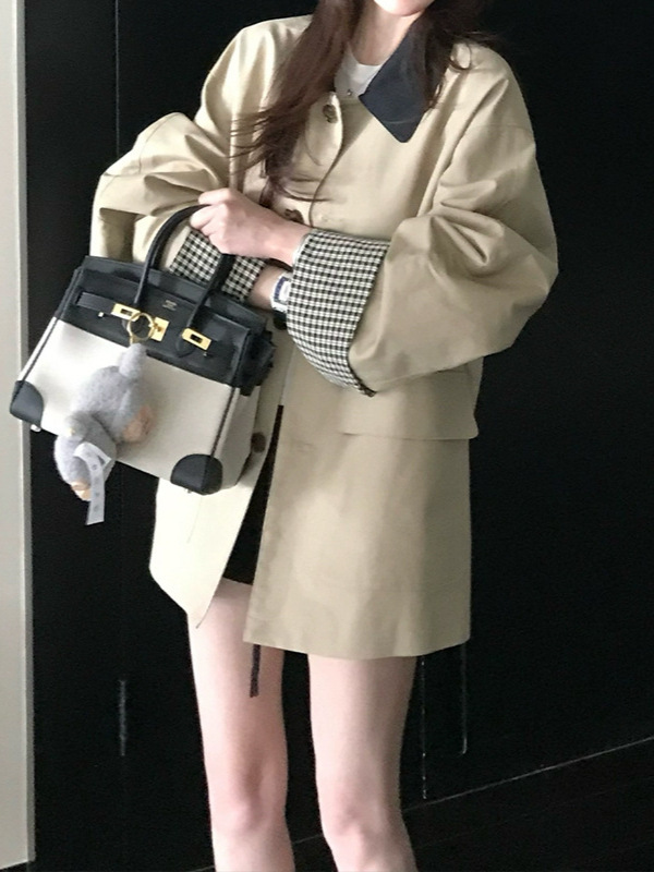 槿一 高智巴恩风 卡其色风衣撞色格纹拼接短款宽松外套女秋慵懒风|undefined