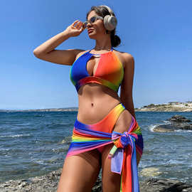新款欧美跨境亚马逊女士三件套彩虹条比基尼印花聚拢镂空泳衣泳装