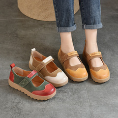 2024春夏新款真皮單鞋文藝風森系女鞋圓頭拼色魔術貼淺口單鞋厚底
