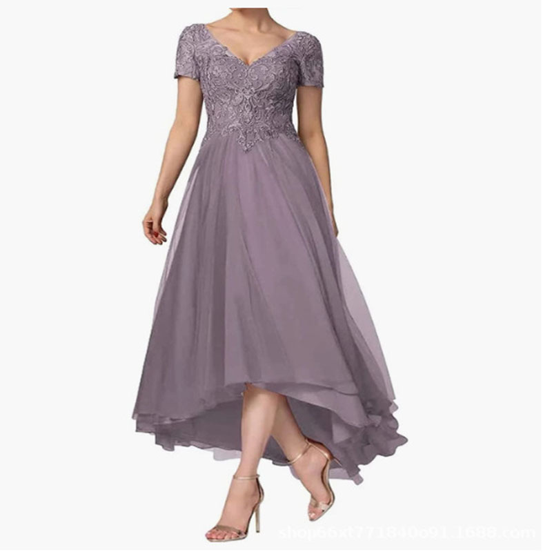 Foreign trade independent website AliExpress Amazon chiffon dress short sleeve lace applique temperament front short back long dress