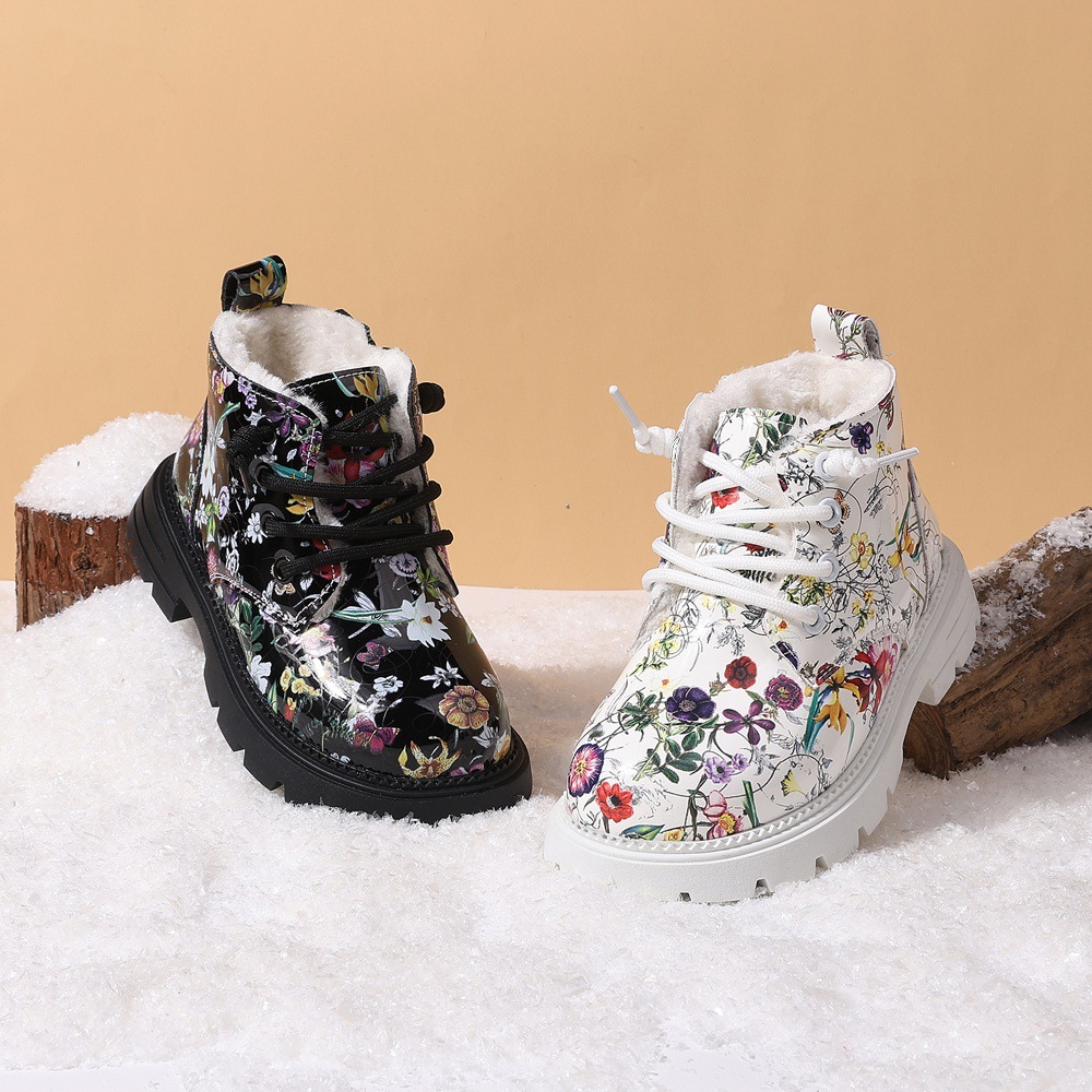 Printed Floral Boots Winter New Large Cotton Kidsren's Boots Kidsren's Shoes Non-Slip Warm Fashionable Girls' Short Boots 1-6 Years Old