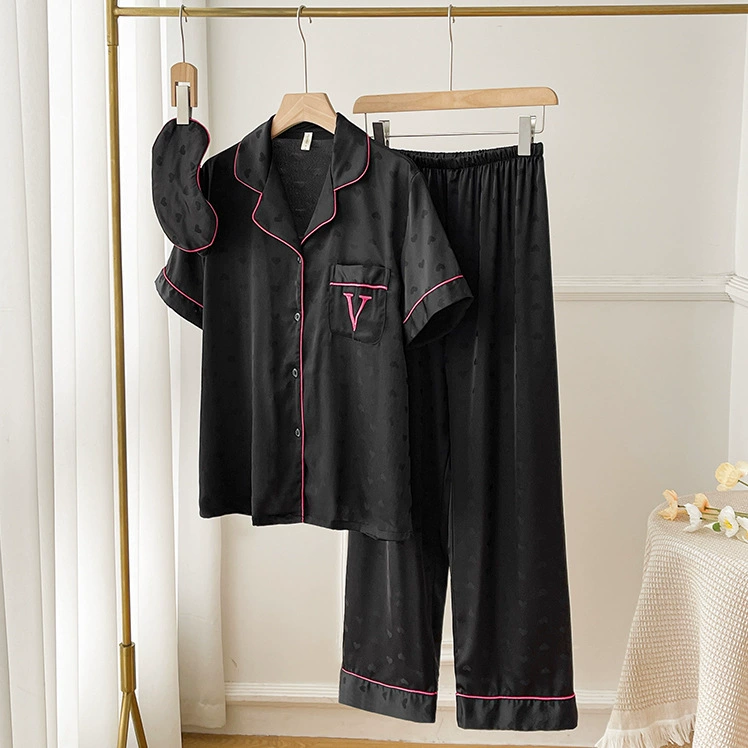 Летняя новая ледяная шелковая пижама для женщин с короткими рукавами премиум-класса тонкий и удобный черный домашний костюм пижамы из трех частей