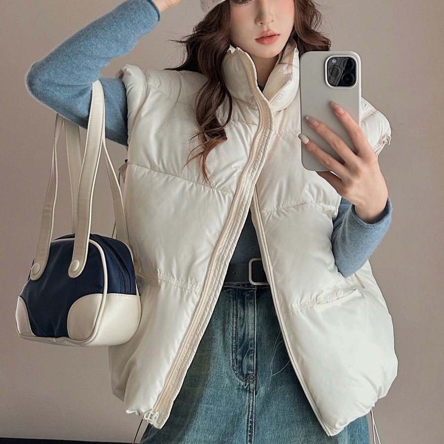 2025 otoño y invierno nuevos productos de algodón de cuello vertical chaleco de mujer corto color caramelo de mujer chaleco de algodón coreano sin mangas hombros de algodón image 9