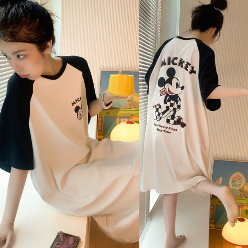 Summer Nightgown, Extra Long, Knee-Length to Ankle-Length, Loose and Cute Pajamas, Korean Style, Short-Sleeved, White, Home Wear, Checkerboard Mickey
