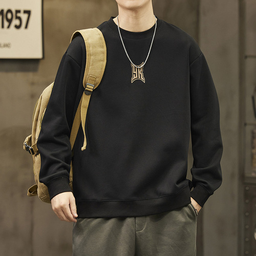 Heavyweight crew neck sweatshirt for men, suitable for spring and autumn, oversized, American style, trendy brand, loose long sleeve T-shirt, student outerwear.