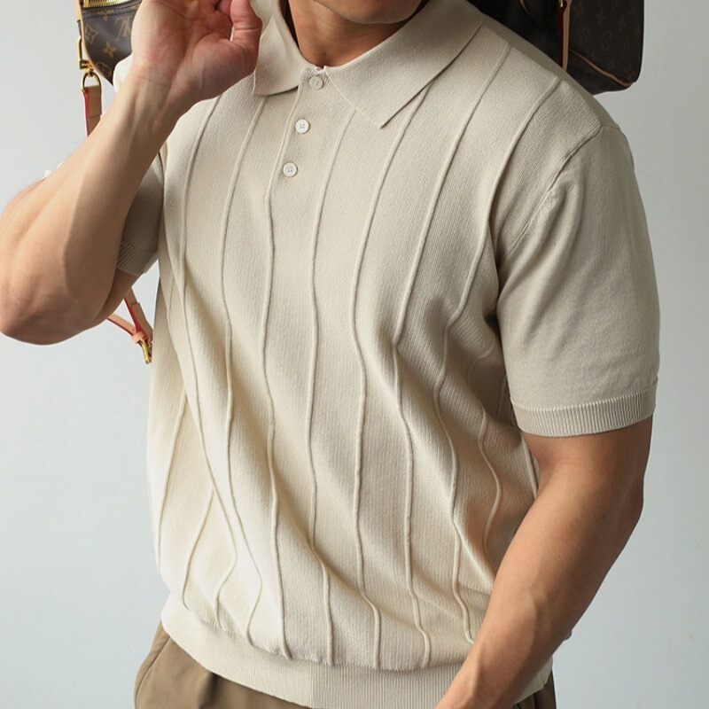 2026 American Retro Pure Color Knitted Short-Sleeved Men's Summer New Business Casual Lapel T-Shirt Polo Shirt Top
