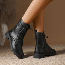 跨境大码系带圆头厚底及踝短靴春秋新款马丁靴短筒靴速卖通亚马逊