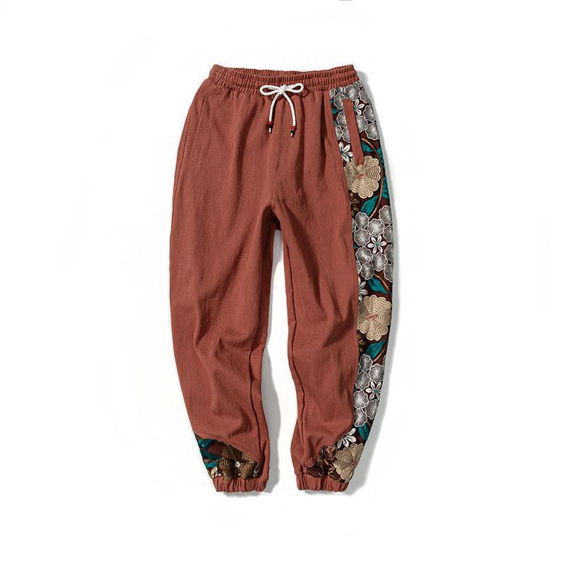 Pantalones de hombre bordados a juego de color de estilo chino pantalones de harén sueltos atados al tobillo artísticos retro pantalones casuales de primavera y otoño más pantalones de tamaño