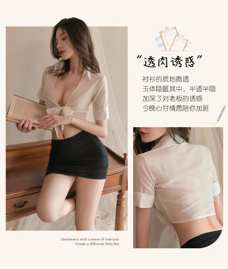 Sexy Secretary Roleplay Costume Set with Chiffon Shirt, Mini Skirt and Panties — detail image 8