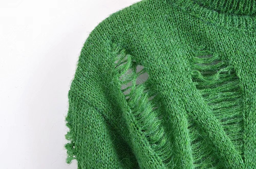 Green Ripped Knitted Turtleneck Sweater NSXFL103685