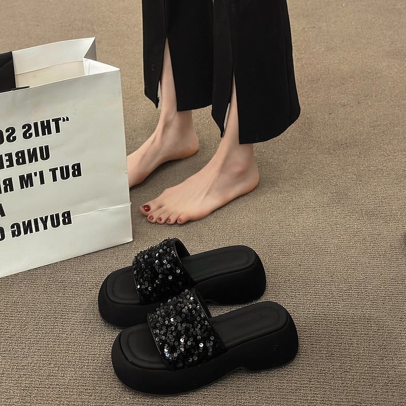 Zapatillas de muffin de diafragma sensitivas de verano para mujeres, una palabra para damas, sandalias de suela gruesa, zapatillas de medio frío, nuevo negro image 7