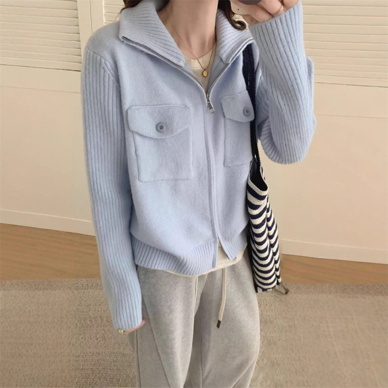 跨境双拉链翻领口袋毛衣女外套秋冬新款软糯长袖短款针织开衫上衣|undefined