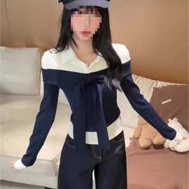 韩系巨好看polo翻领假两件长袖t恤女春季设计感修身显瘦撞色上衣
