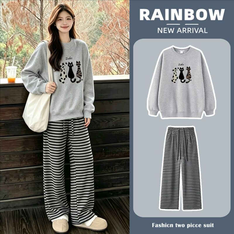 Early autumn fashion set for pregnant women: a cute cartoon cat design, Korean-style loose fit, versatile and casual, light gray sweatshirt two-piece set Early autumn fashion set for pregnant women: a cute cartoon cat design, Korean-style loose fit, versatile and casual, light gray sweatshirt two-piece set