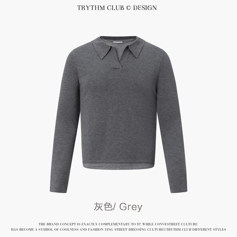 TRYTHMCLUB 高级风polo衫海鸥领假两件宽松长袖针织毛衣情侣T恤上|undefined