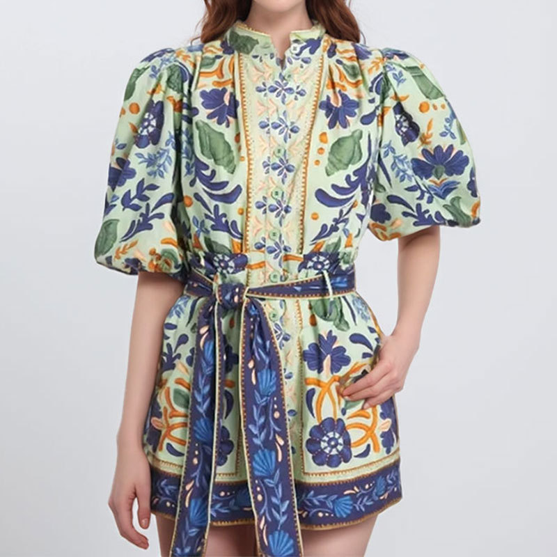 Spring Women's Clothing Retro Court Style Printed Round Neck Short Sleeve Temperament Celebrity Fashion Suit Women_ecoleips.com