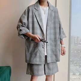 西服套装男格子痞帅潮流西装夏季薄款休闲炸街短裤网红外套ins潮