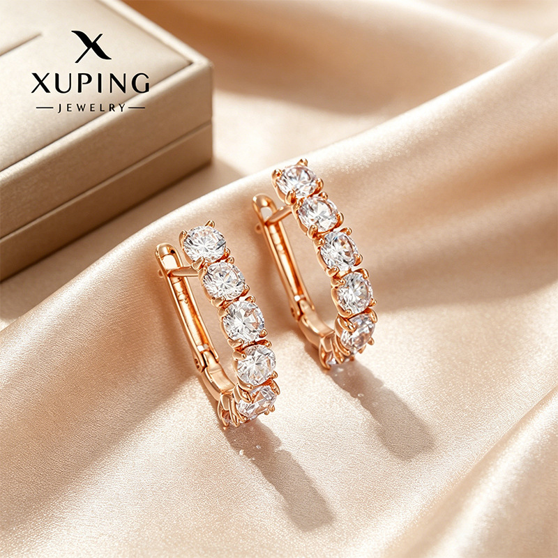 Xuping estilo retro incrustación de una sola fila de pendientes de gemas artificiales aleación de cobre chapado 18k botones de orejas rusas para mujeres
