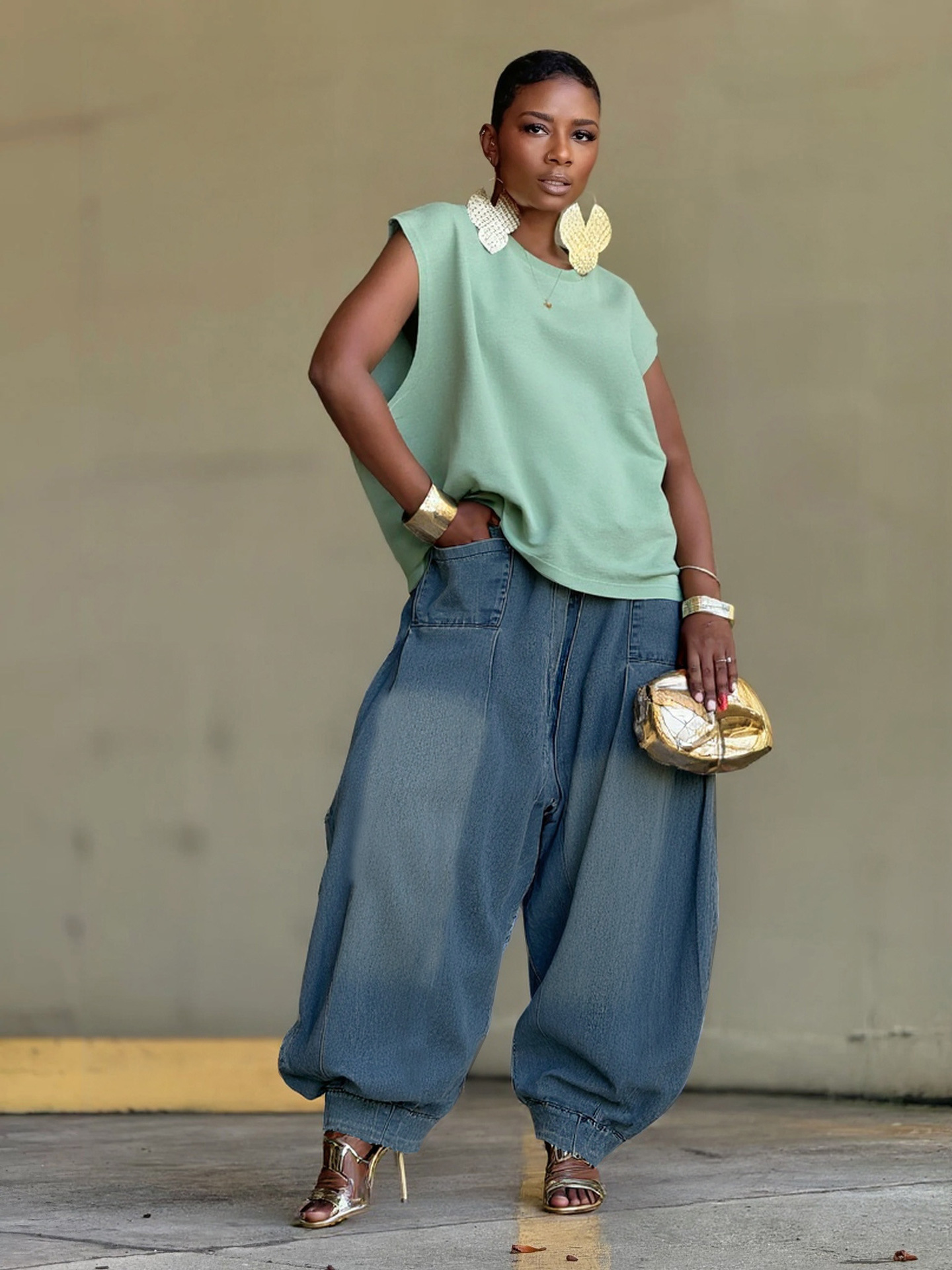 Women's Relaxed Fit Harem Wide Leg Lantern Jeans - Stretch Denim Comfort Pants With Streetwear Style (Blue, S-3XL)_mkmklike.com