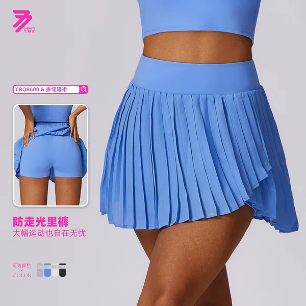 Fashionable Casual Pleated Sports Skirt Women's Fake Two-Piece Quick-Drying Tennis Culottes Anti-Exposure Fitness Skirt 8600
