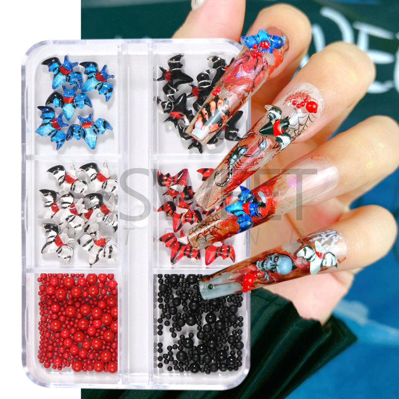 2022 cross-border new Halloween nail jewelry wholesale color bat black red steel beads nail jewelry accessories