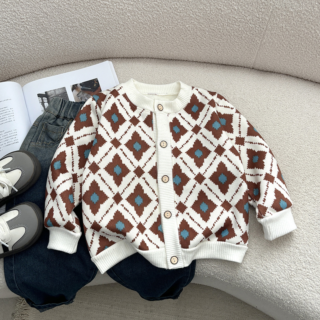 Ropa para niños, chaqueta de punto para niños, bebé de punto, otoño e invierno más chaqueta de terciopelo, niños y niñas, cuello redondo, estilo delgado de moda, todo fósforo