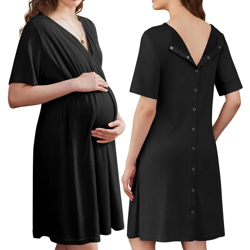 Stillkleid für Schwangere, Kurzarm, Weicher Stoff, V-Ausschnitt, Stillzugang und Einfacher Tragekomfort, Schwangerschafts- und Krankenhauskleid – Detail 12